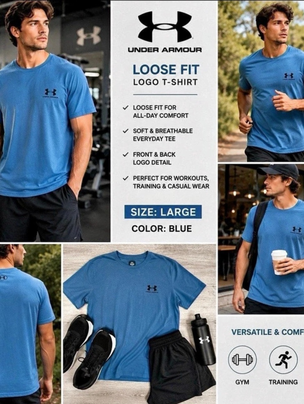 Under Armour Shirt Men’s Large Blue Loose Fit Athletic Gym Training Logo Fitness
